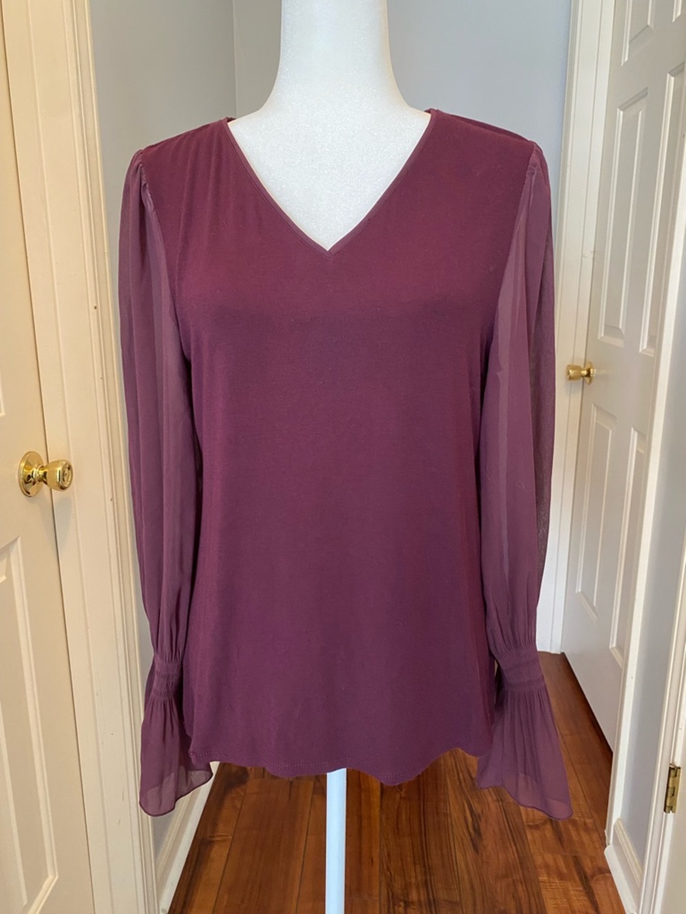 White House Black Market Plum V-Neck Sheer Sleeve Blouse